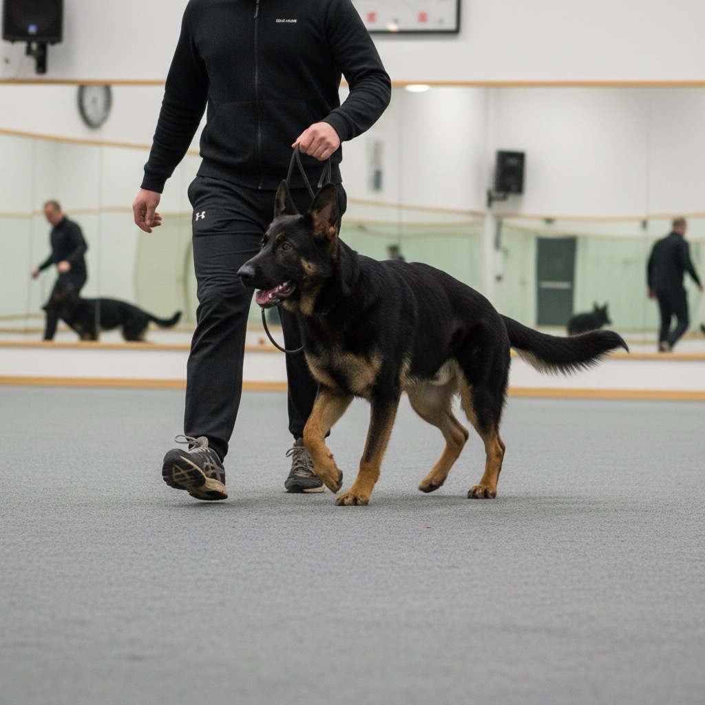 En person i svarta träningskläder går med en schäferhund i koppel på ett grått golv framför speglar.